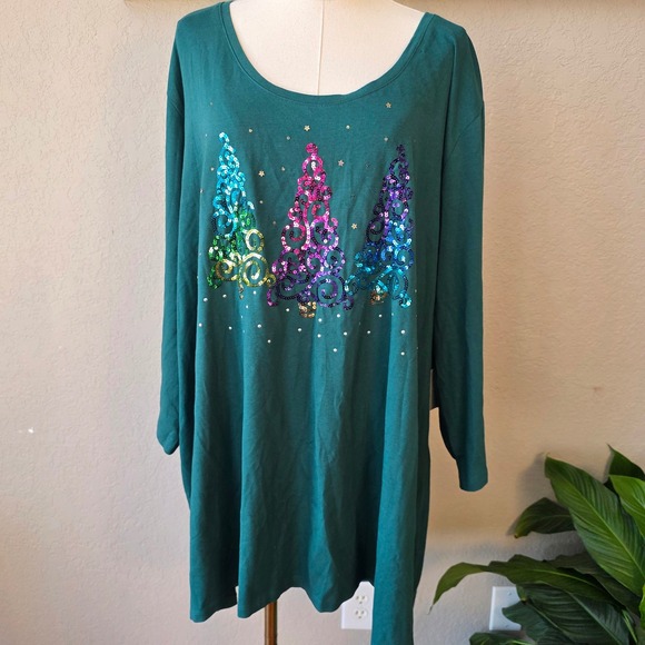 Catherines 4X Green Sequin Christmas Tree Tunic Top Plus Size 3/4 Sleeve NWT - Picture 1 of 4